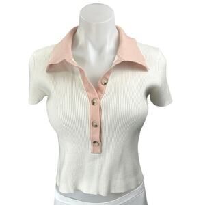 Sophie Rue White Pink Rib Knit Button Collar Short Sleeve Crop Polo Blouse Top M